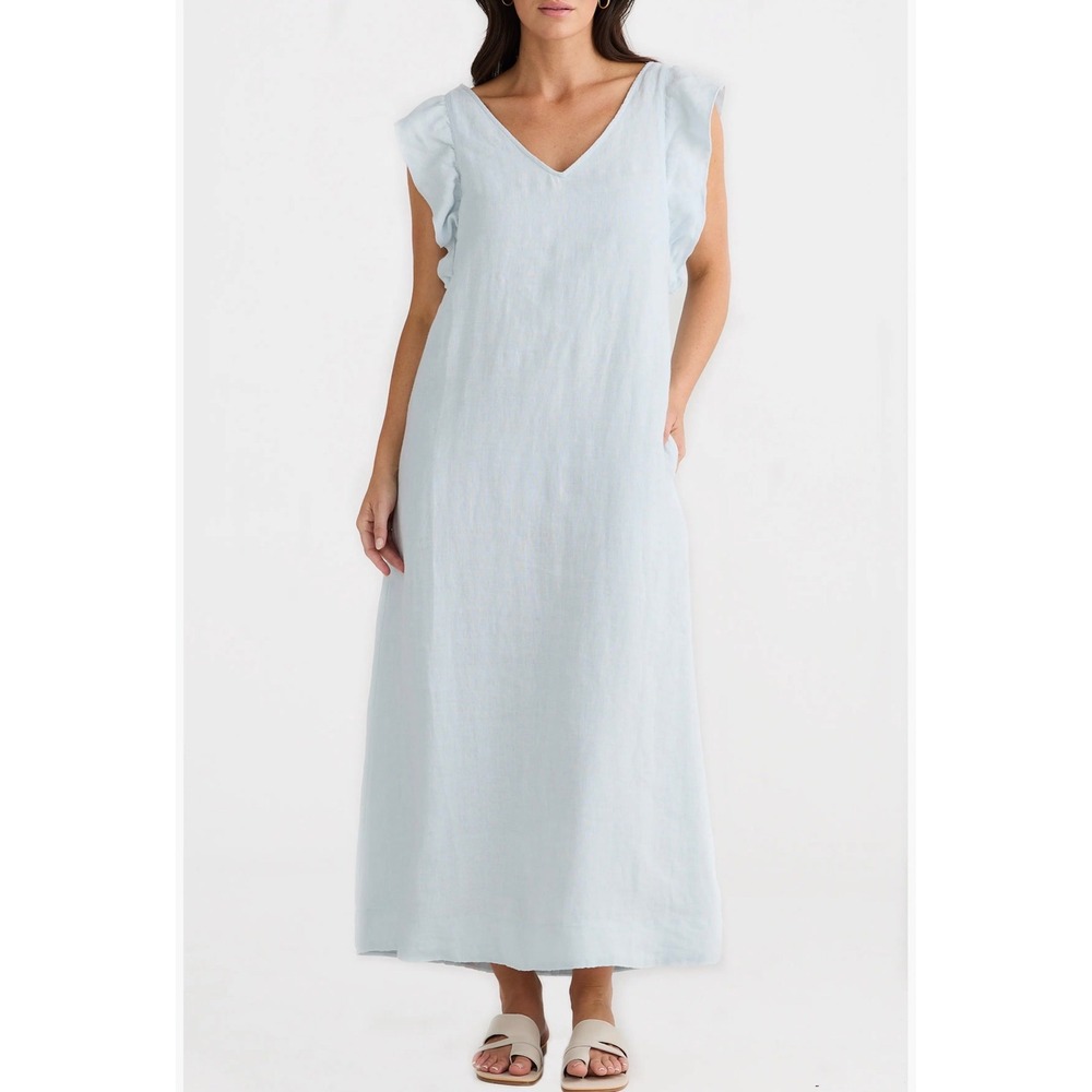 Brave and True Matilda Linen Sundress Light Blue Ruffle Sleeve Midi Dress L - Picture 2 of 6
